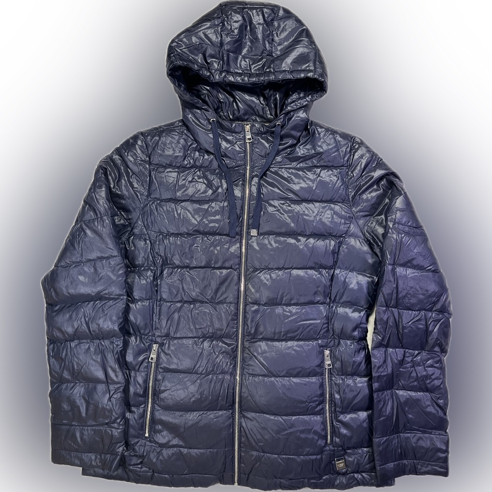 Andrew Marc Packable Lightweight Down Puffer Jacket Coat Navy Blue Grey Lining